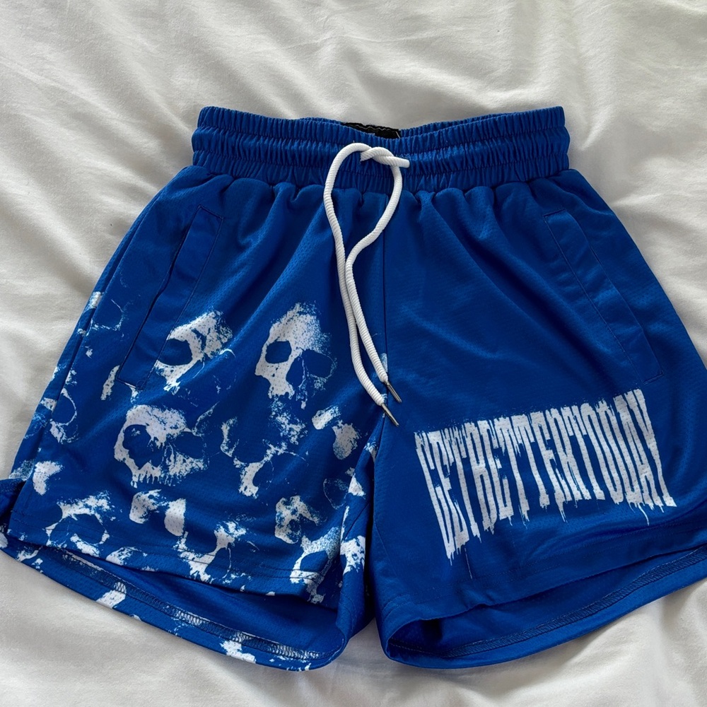 Get Better Today Skull Athletic Mesh Shorts Blue Small
